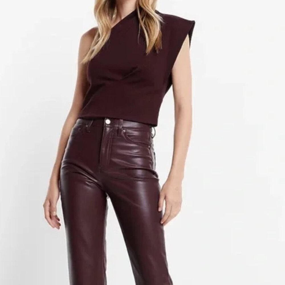 EXPRESS STRUCTURED ONE SHOULDER PONTE CROPPED TOP BURGUNDY XS NWT